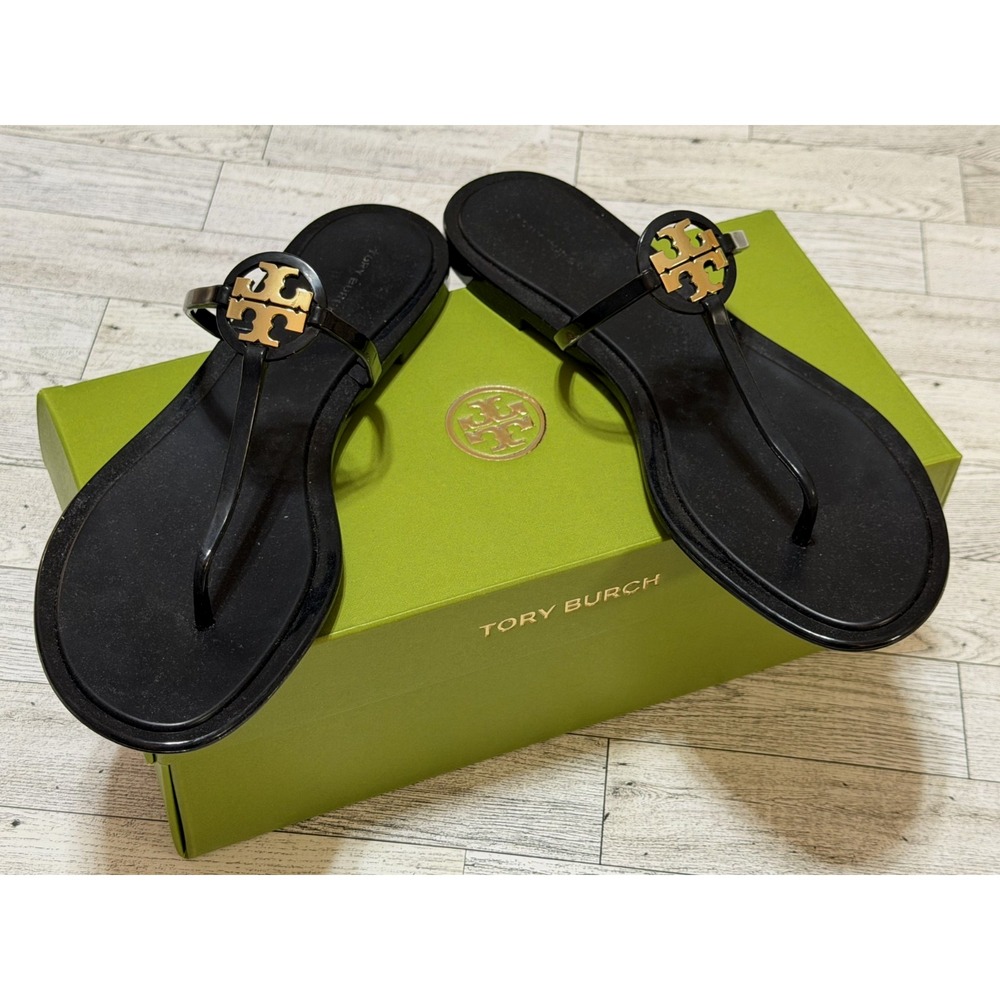 Tory Burch Mini Miller Jelly Thong Sandals Black Gold Women's Size US 9 With Box